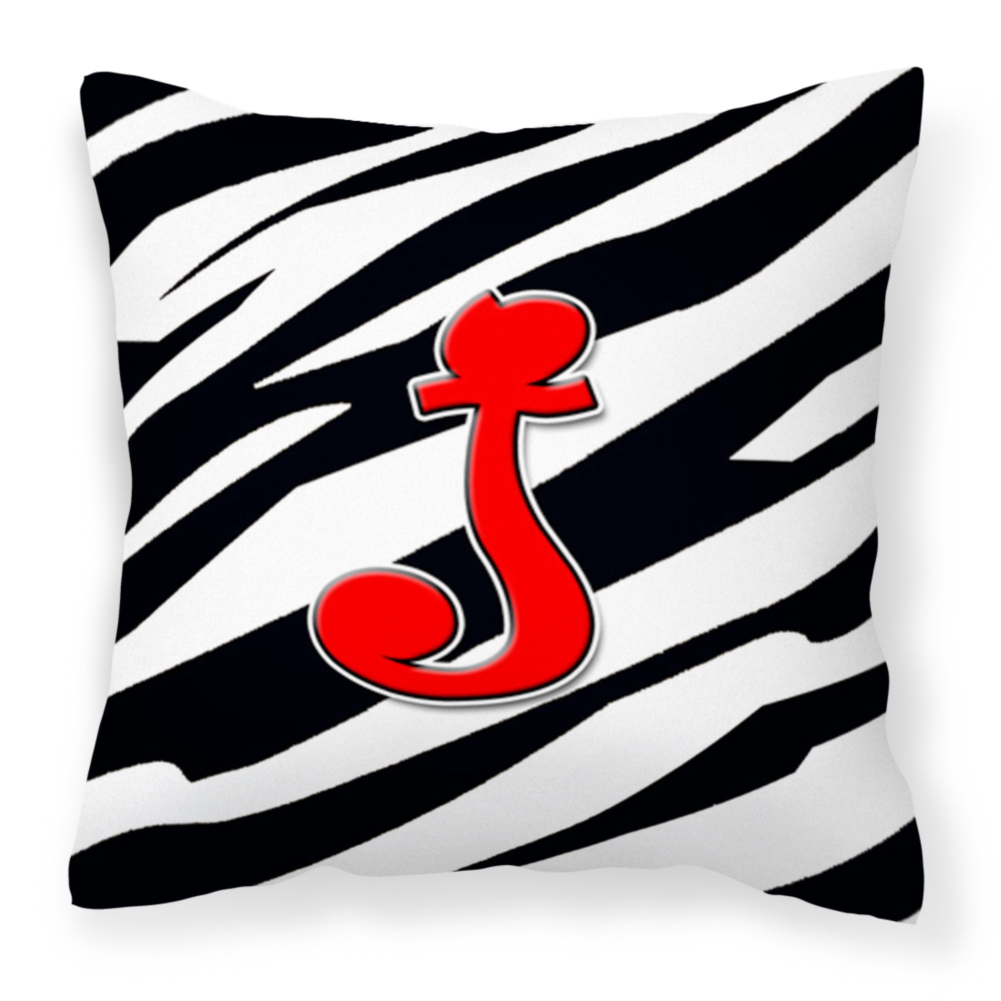 Letter J Initial Monogram - Zebra Red Fabric Decorative Pillow