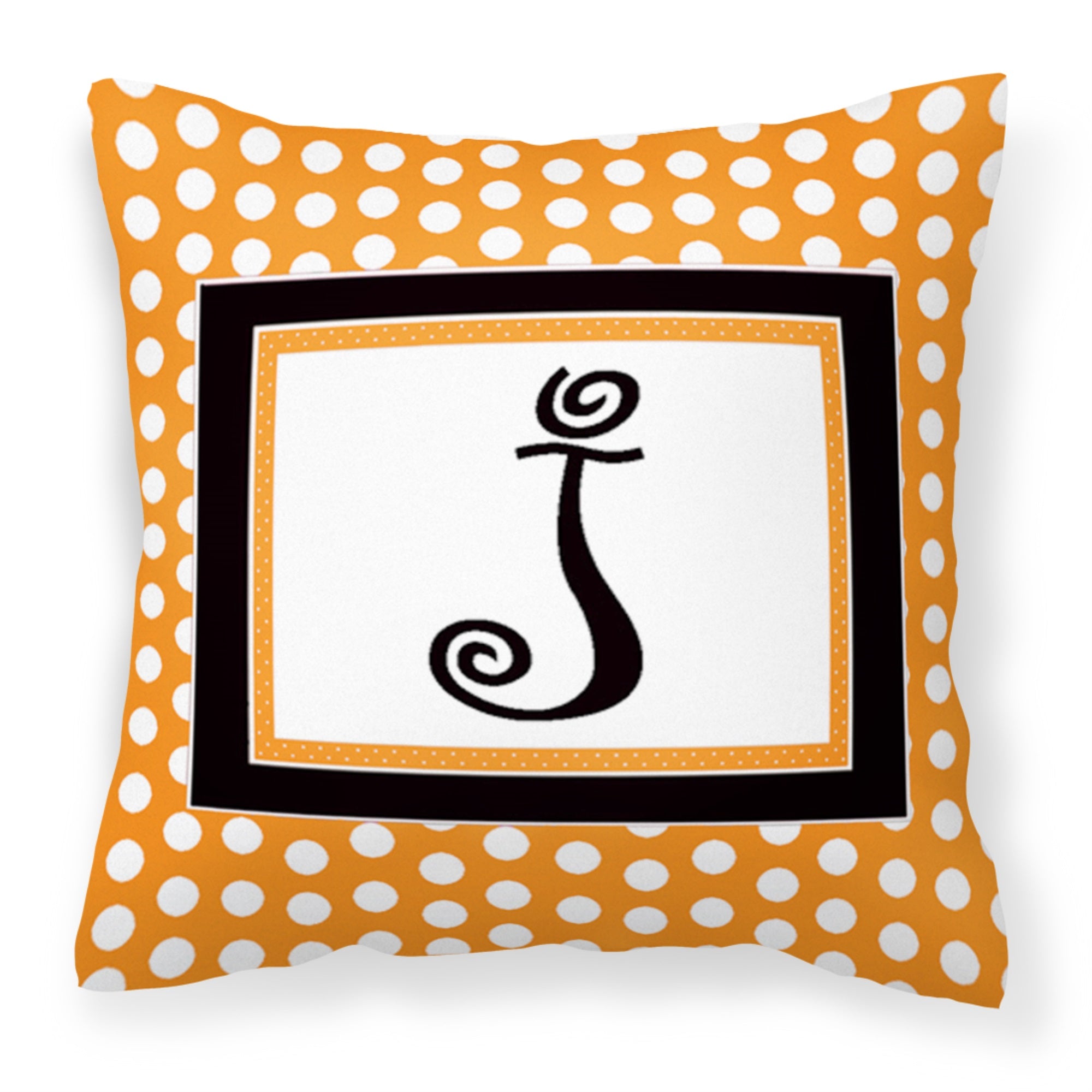 Letter J Initial Monogram - Orange Polkadots Fabric Decorative Pillow