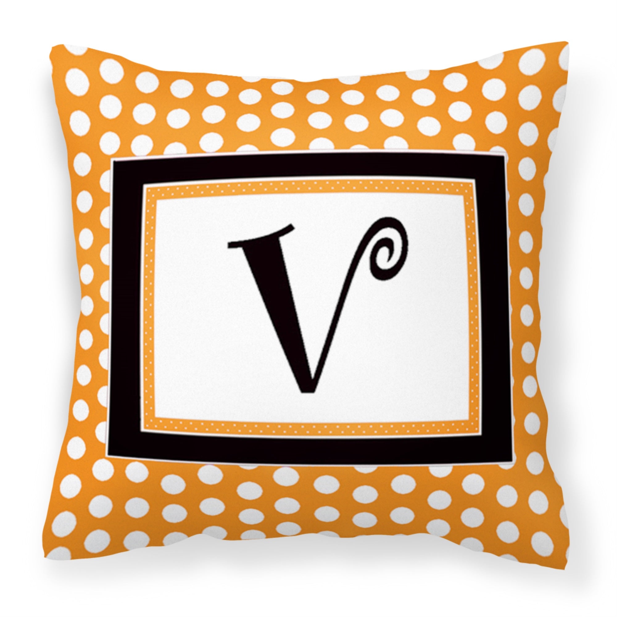 Letter V Initial Monogram - Orange Polkadots Fabric Decorative Pillow
