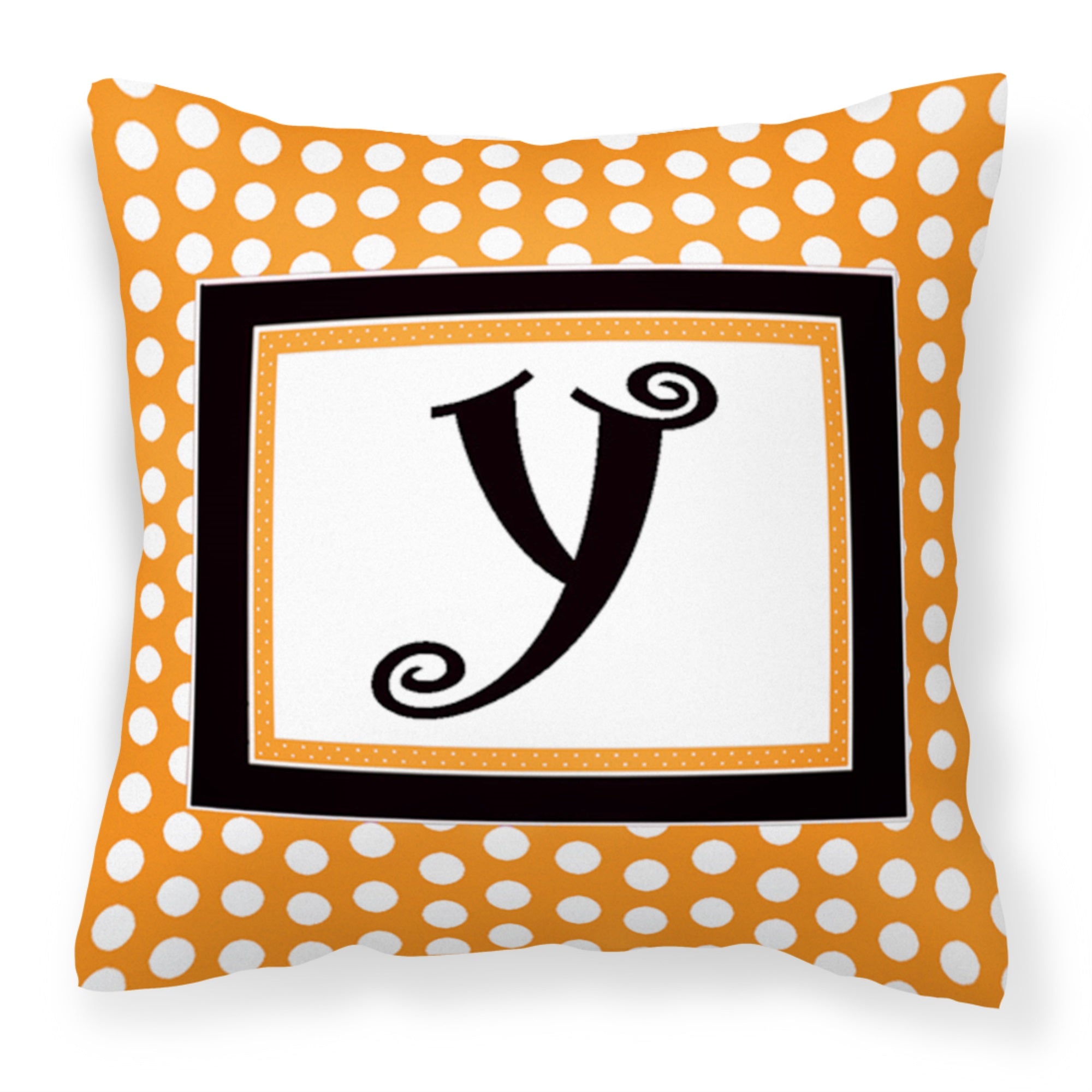 Letter Y Initial Monogram - Orange Polkadots Fabric Decorative Pillow