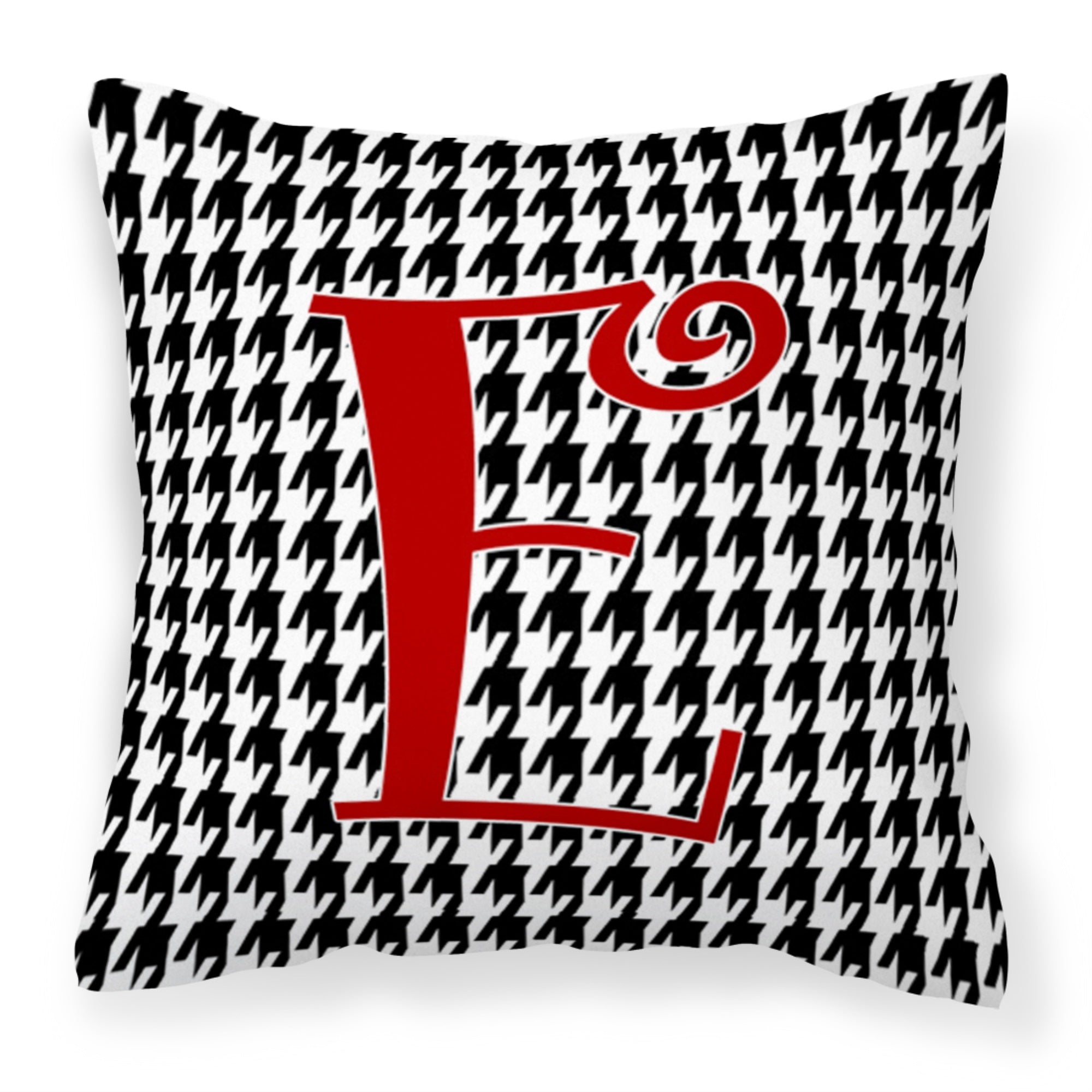 Letter E Initial Monogram - Houndstooth Black Fabric Decorative Pillow