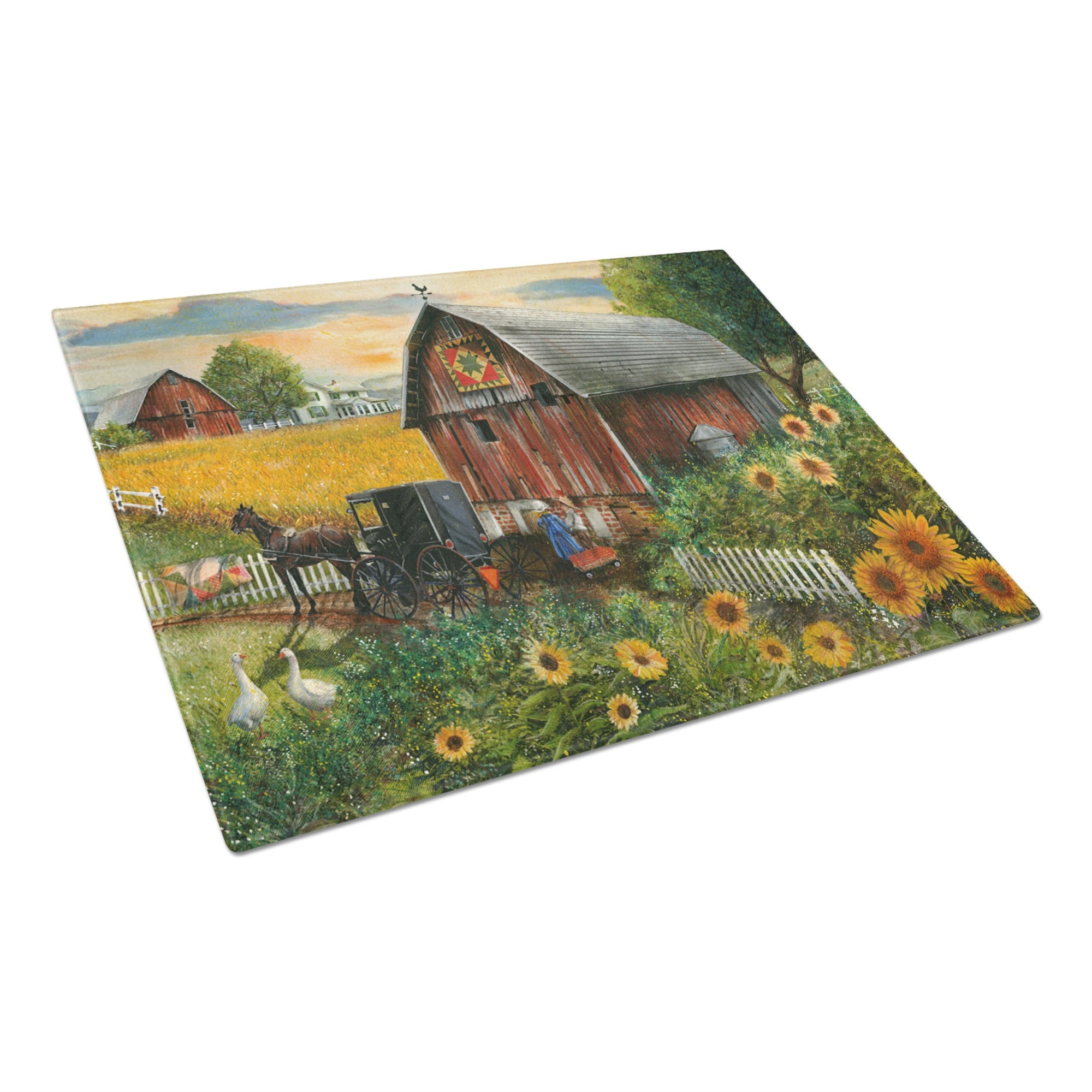 Sunflower Country Paradise Barn Glass Cutting Board Large