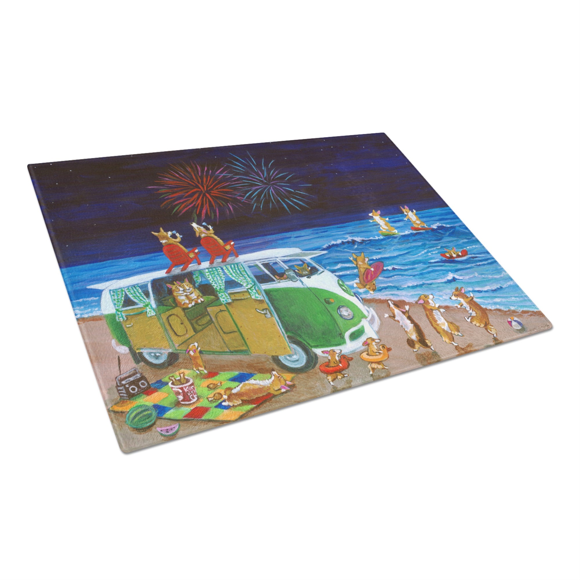 Corgi Beach Party Volkswagon Bus Fireworks Glass Cutting Board Large