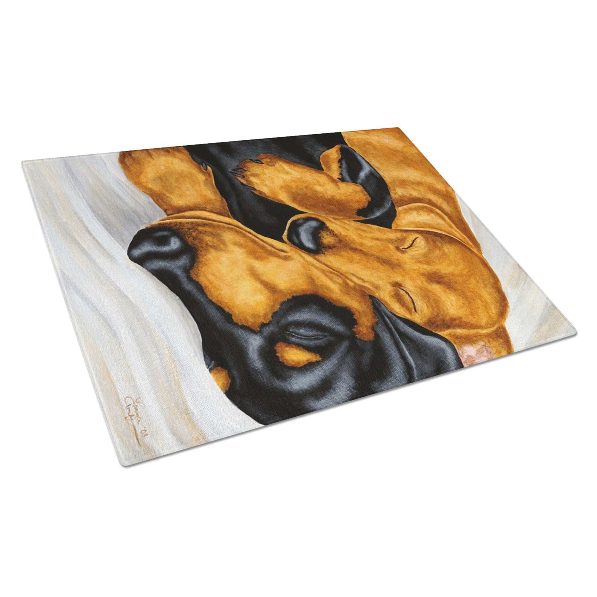 Dachshund Snuggles Glass Cutting Board Large