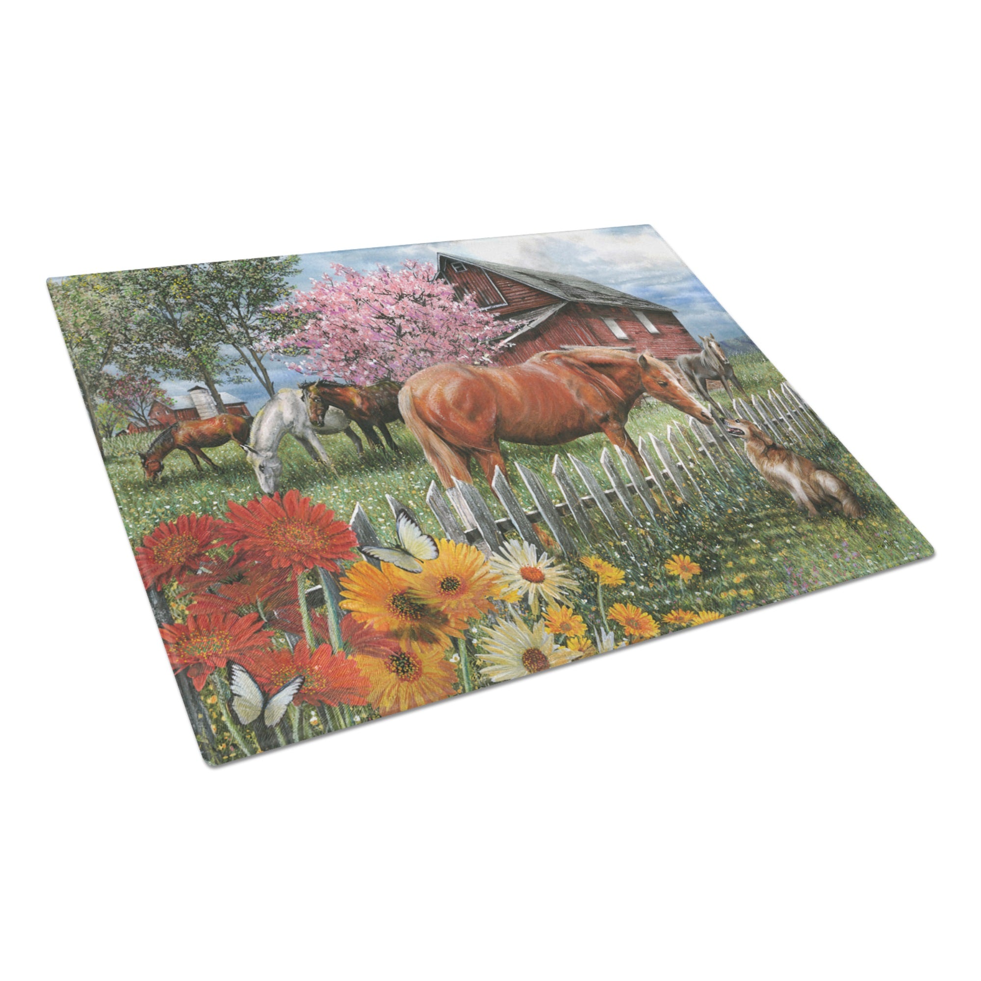 Horses Chatting With The Neighbors Glass Cutting Board Large