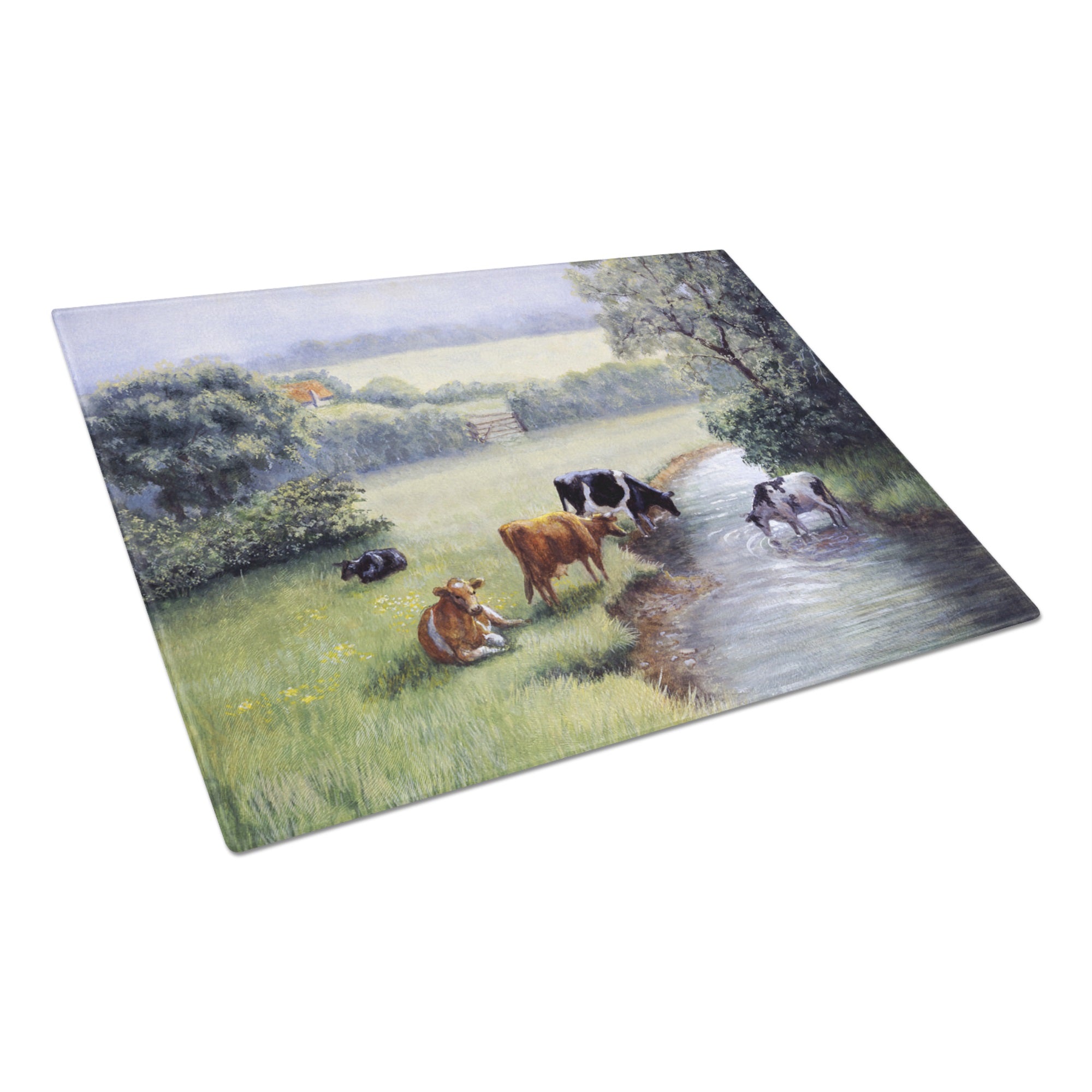 Cows Drinking At The Creek Bank Glass Cutting Board Large