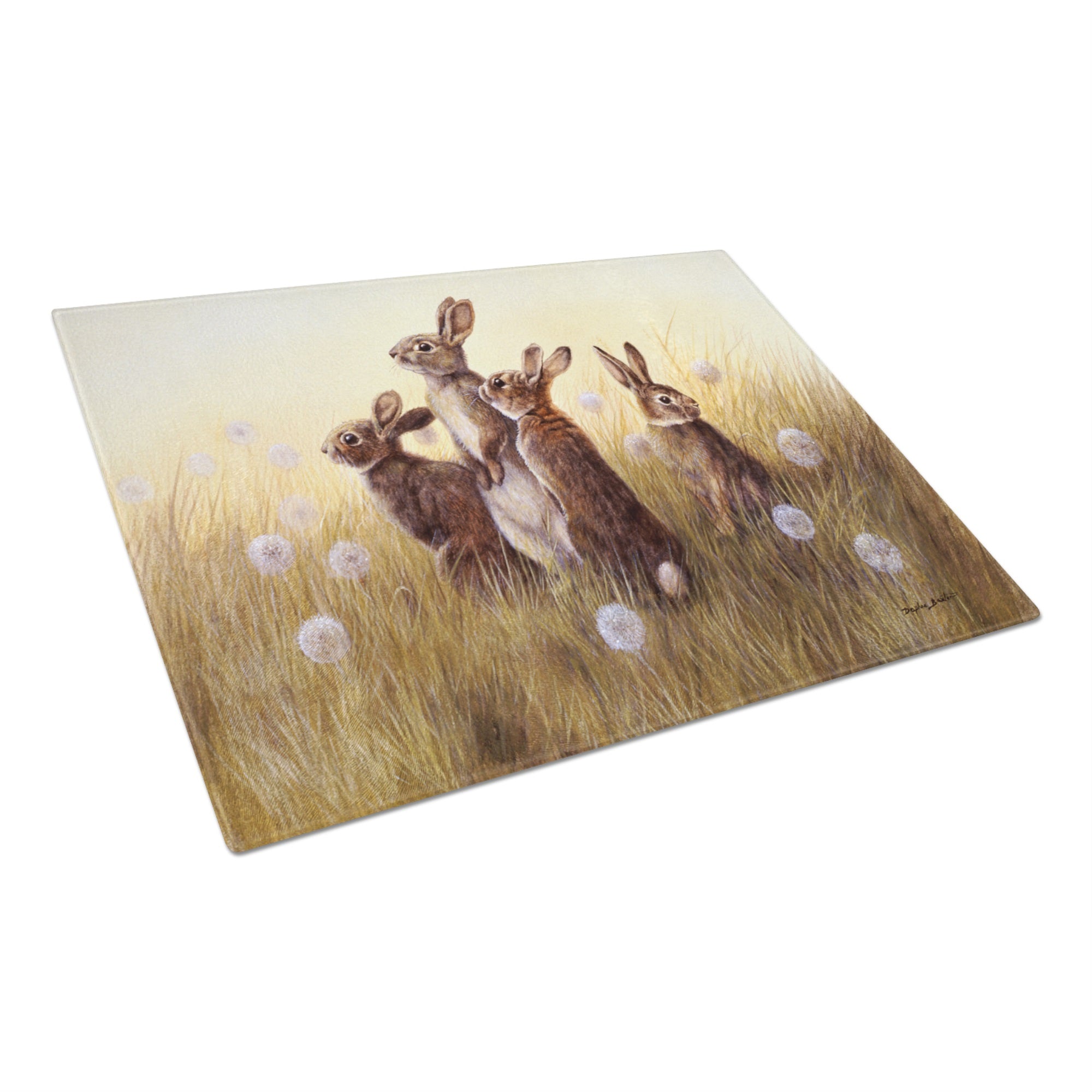 Rabbits In The Dandelions Glass Cutting Board Large