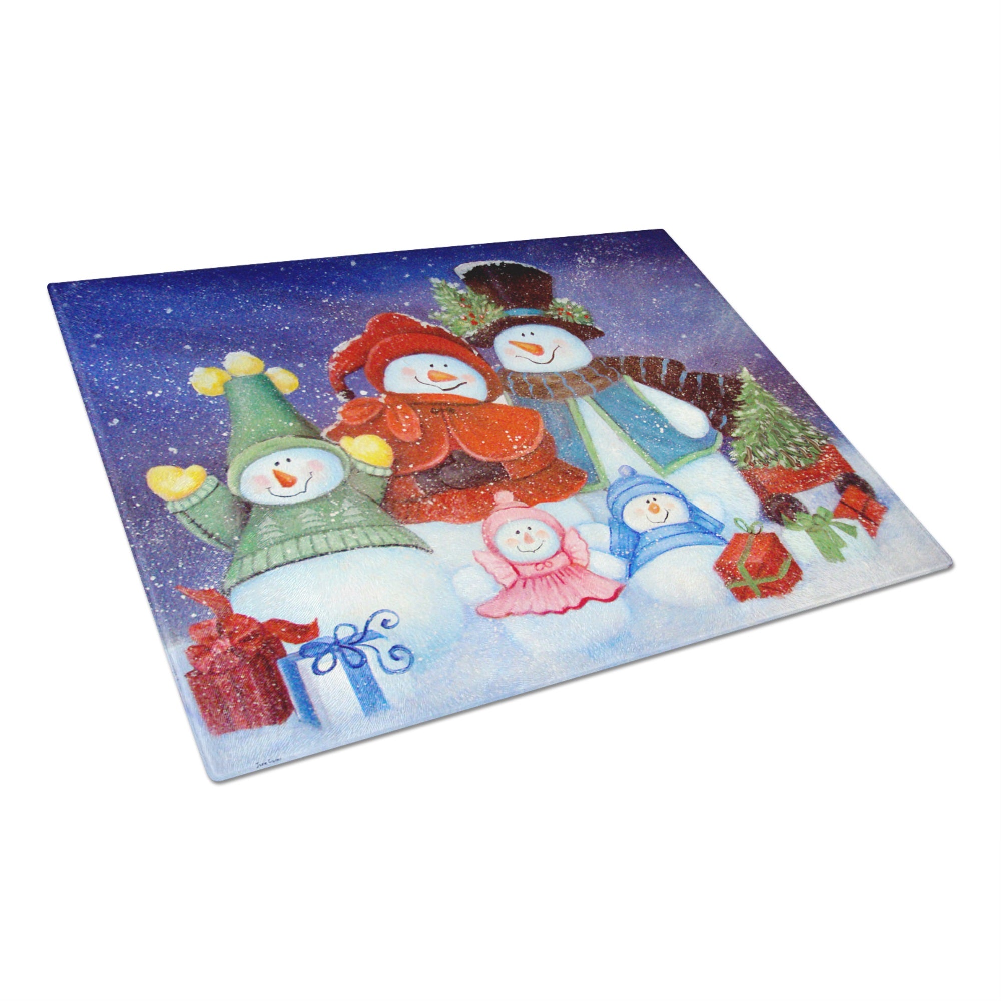 Merry Christmas From Us All Snowman Glass Cutting Board Large