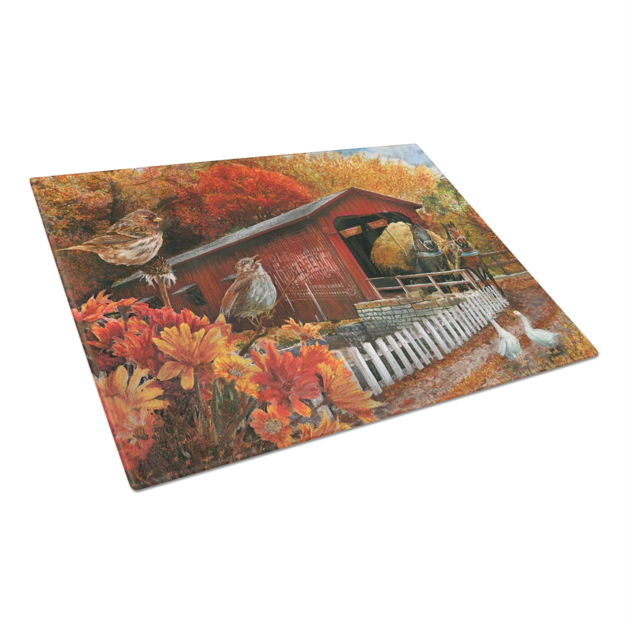 Fall Covered Bridge Glass Cutting Board Large
