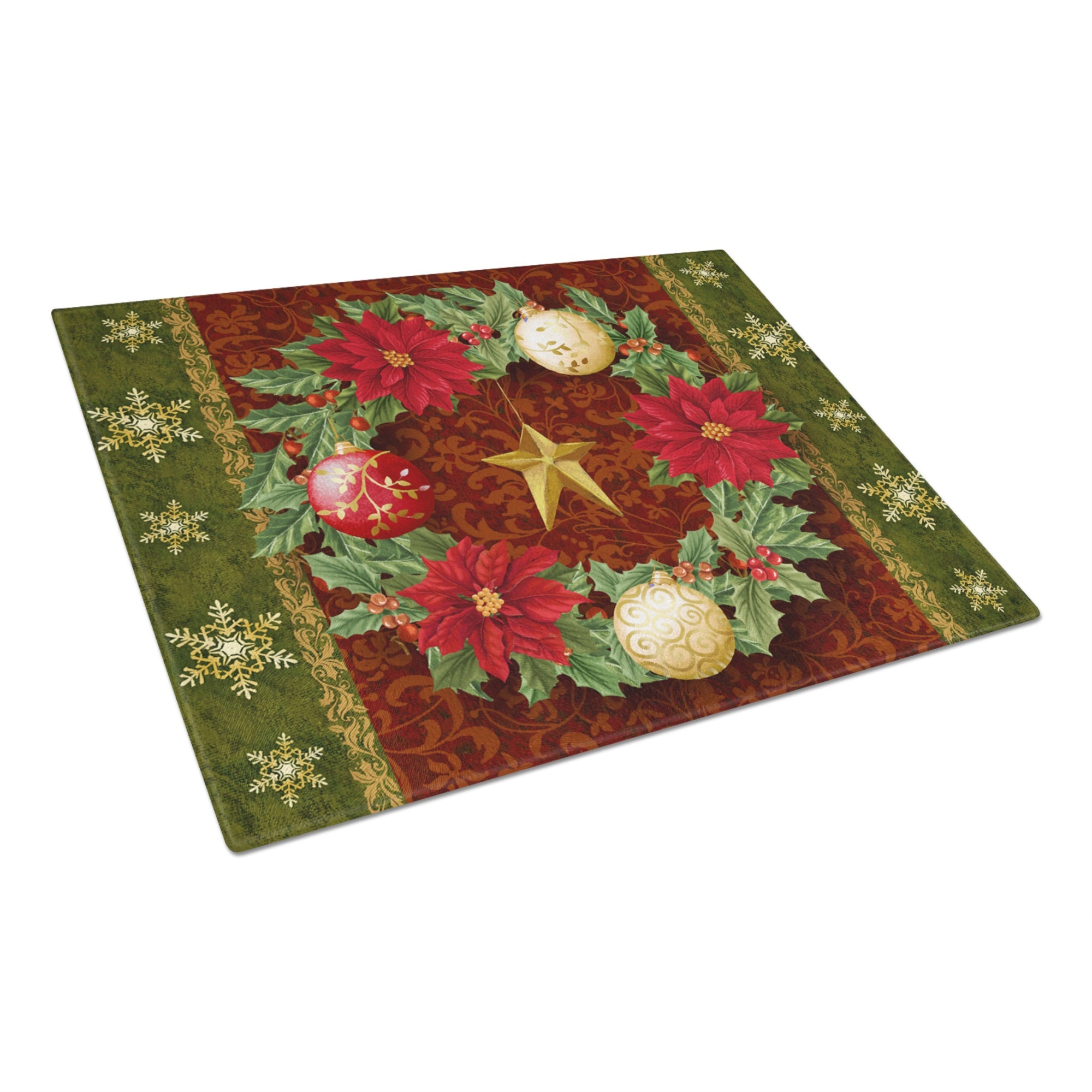 Holly Wreath With Christmas Ornaments Glass Cutting Board Large