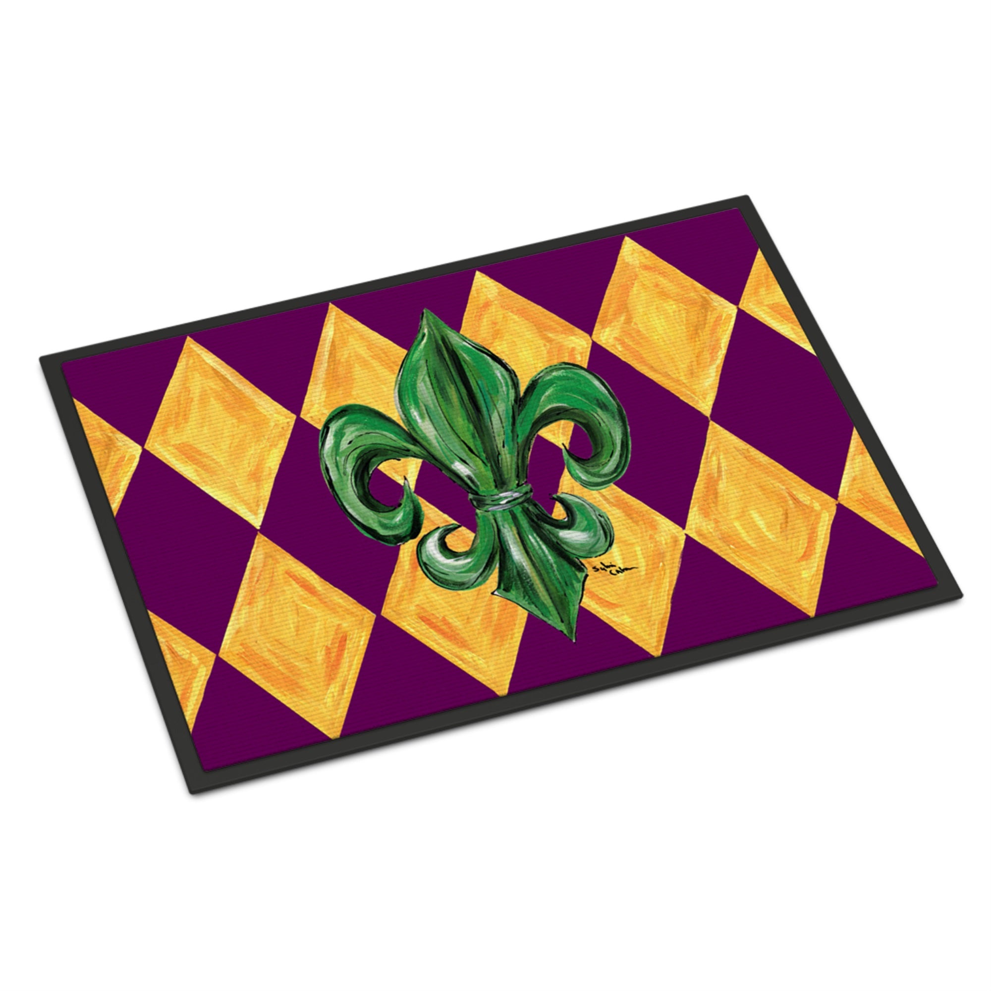 Mardi Gras Fleur De Lis Purple Green And Gold Indoor Or Outdoor Mat 18X27