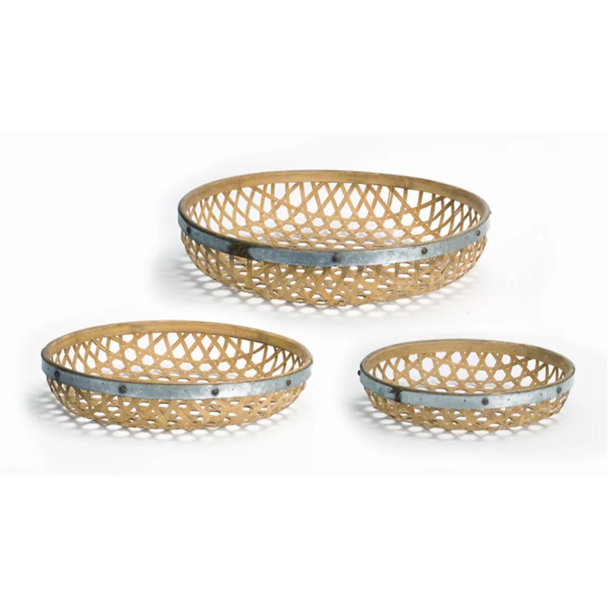 Round Woven Tray (Set Of 3) 17'D, 20'D, 23.5'D Bamboo/Metal