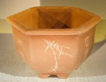 Unglazed Bonsai Pot with Etching and Raised Feet<br><i>9 x 8 x 7</i>