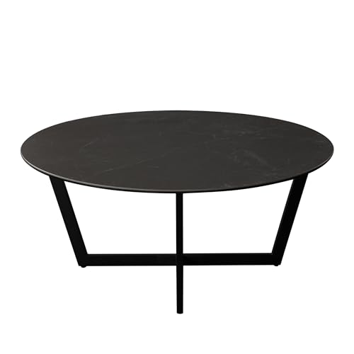 Jole Coffee Cocktail Table, 39 Inch Black Ceramic Glass Top, Metal Base