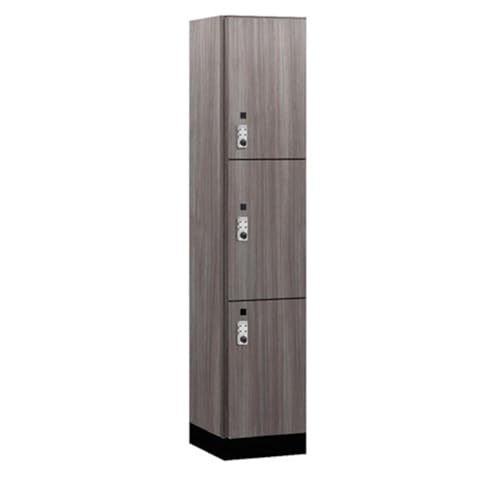 Salsbury 15 Wide Premier Wood Locker-Triple Tier-1 Wide-6 Feet High-18” Deep-Skyline Walnut-Silver Resettable Combination Locks