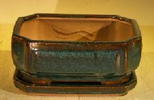 Dark Green Ceramic Bonsai Pot- Rectangle Professional Series with Attached Humidity/Drip Tray 6.37 x 4.75 x 2.625