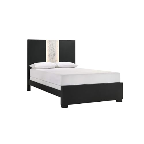 Amey King Panel Bed, Built In Light, White Marble Trim, Black Wood