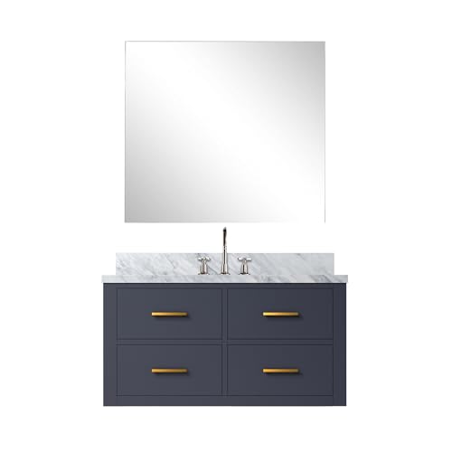 Castor 36 in W x 22 in D Blue Single Bath Vanity Carrara Marble Countertop, 34 in Mirror and Faucet Set