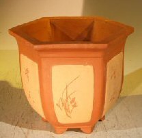 Unglazed Brown Bonsai Pot With Floral Etching<br><i>8.0 x 7.0 x 7.0</i>