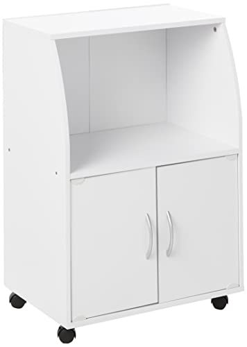 Hodedah Mini Microwave Cart With Two Doors And Shelf For Storage, White + Beech