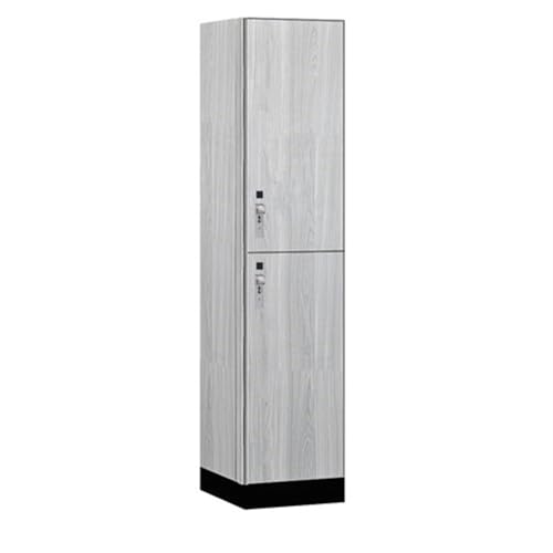 Salsbury 18 Wide Premier Wood Locker-Double Tier-1 Wide-6 Feet High-18” Deep-Silver Teak-Silver Hasps