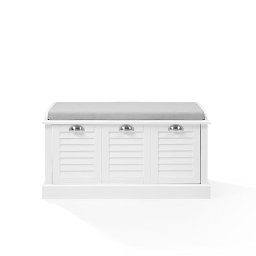 Casafoyer Furniture Ellison Entryway Storage Bench with Shoe Rack Organizer Drawer, White with Gray Cushion