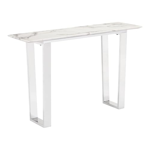 Casafoyer Atlas Console Table White and Silver-Modern Faux Marble Top, Brushed Silver Base-47.2 W x 14.2” D x 30.3” H-Supports 280 lbs-Adult Assembly Required