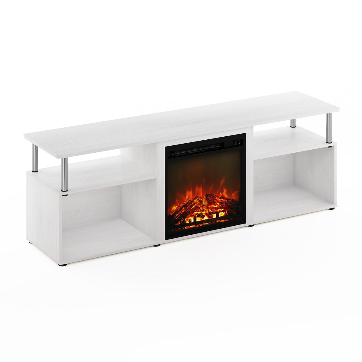 Furinno Jensen Fireplace Entertainment Center For Tv Up To 70 Inch With Stainless Steel Tubes, White Oak/Chrome