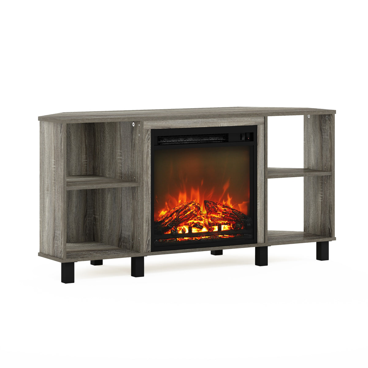 Furinno Jensen Corner Fireplce Tv Stand With Metal Leg For Tv Up To 55 Inches, French Oak Grey