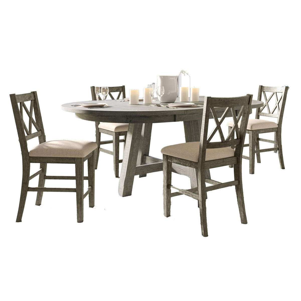 Telluride Contemporary Rustic Farmhouse Solid Wood Five Piece Counter Height Dining Table Set With Cross Back Stools