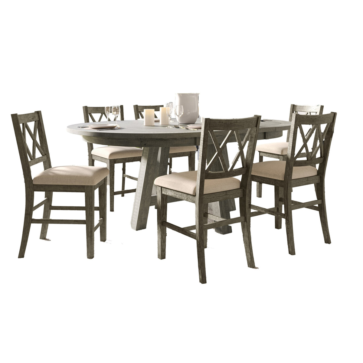 Telluride Contemporary Rustic Farmhouse Solid Wood Seven Piece Counter Height Dining Table Set With Cross Back Stools