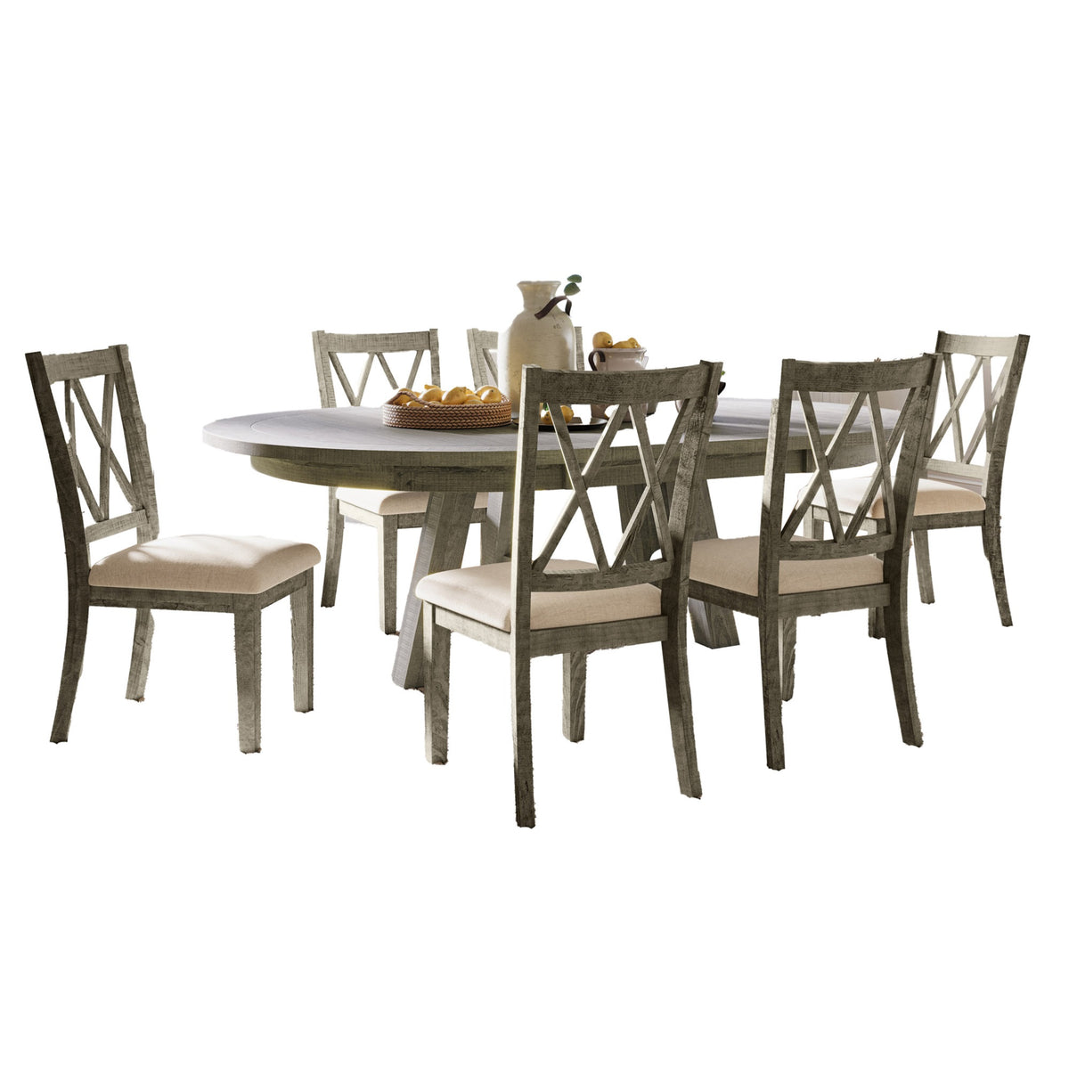 Telluride Contemporary Rustic Farmhouse Solid Wood Seven Piece Dining Table Set With Cross Back Chairs