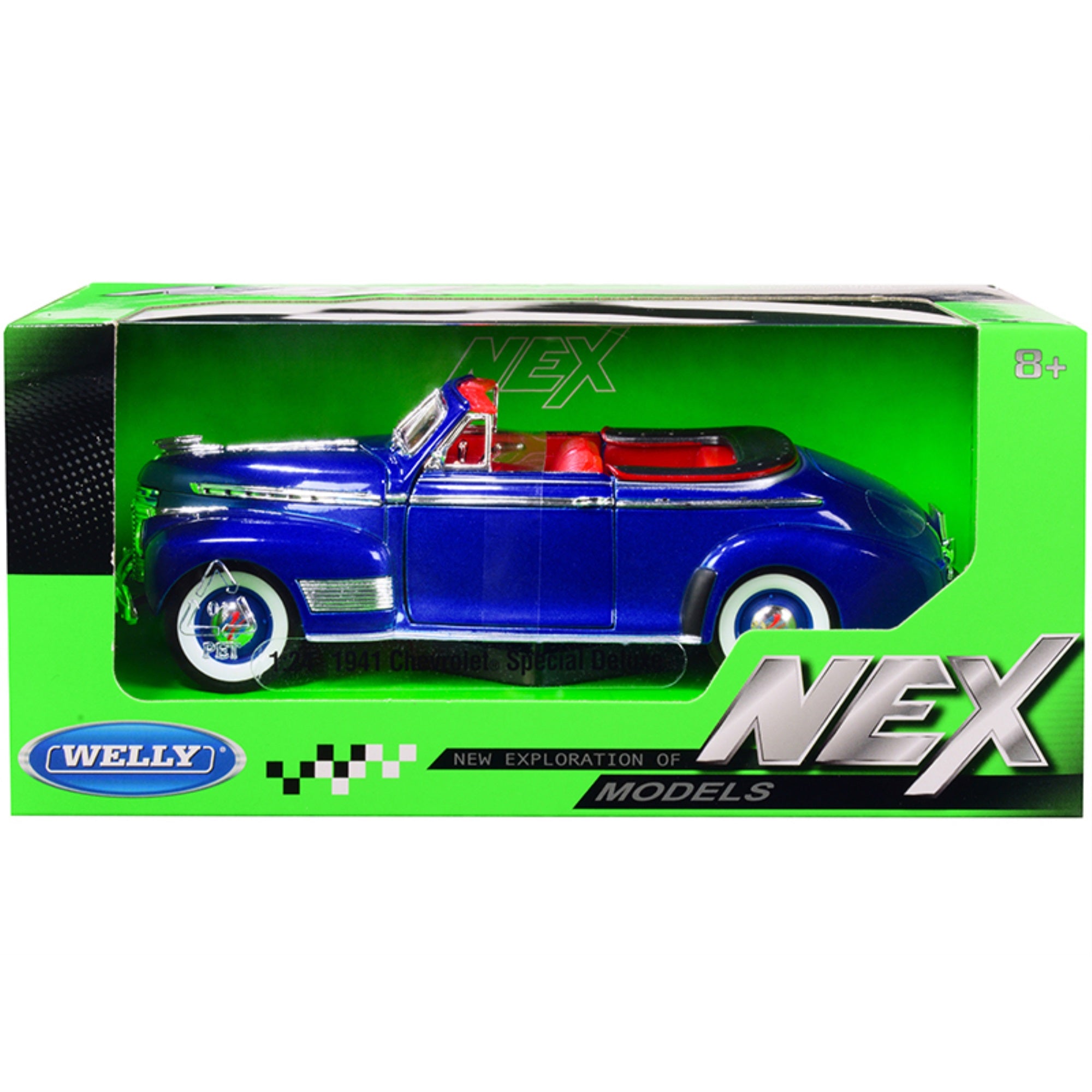 1941 Chevrolet Special Deluxe Convertible Blue Metallic With Red Interior 'Nex Models' 1/24 Diecast Model Car By Welly