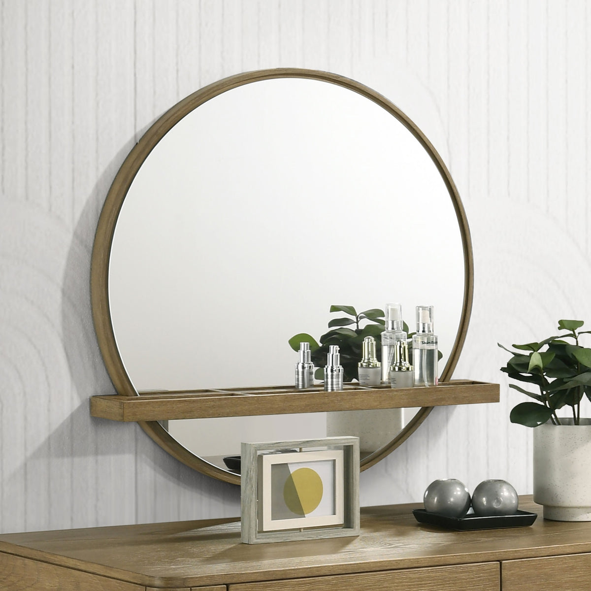 Arini Round Vanity Wall Mirror With Shelf Sand Wash