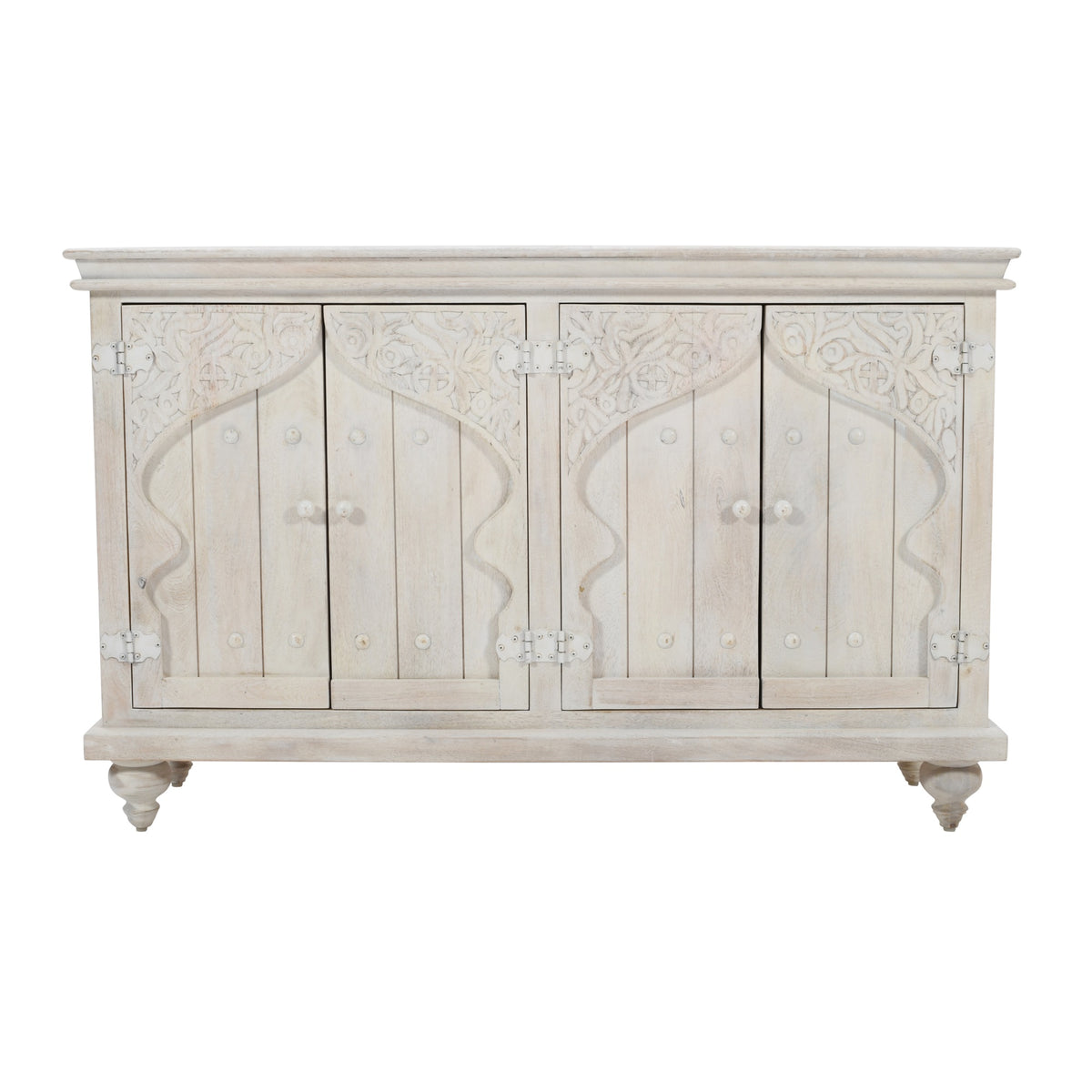 Taj 60' Hand Carved Solid Wood Global Bohemian Four-Door Sideboard Cabinet