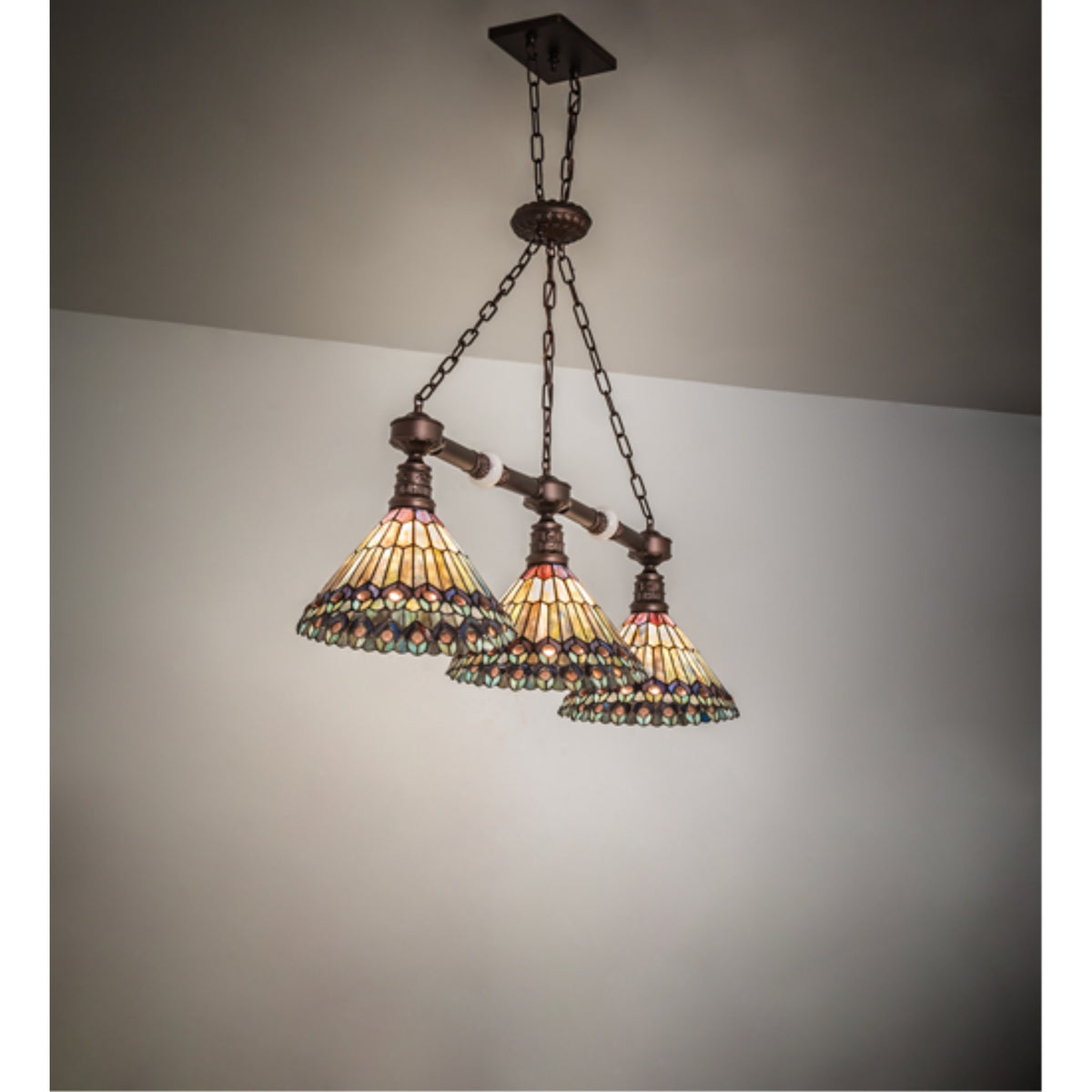 45' Long Tiffany Jeweled Peacock 3 Light Island Pendant
