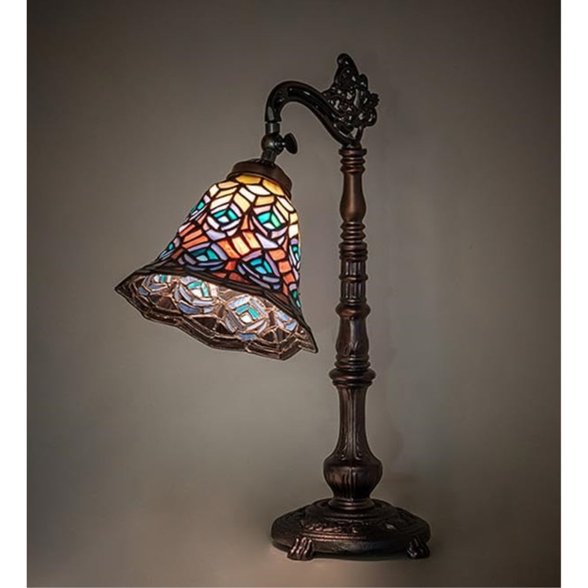 20' High Tiffany Peacock Feather Bridge Arm Table Lamp