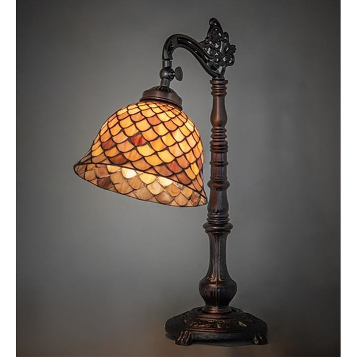 20' High Tiffany Fishscale Bridge Arm Table Lamp