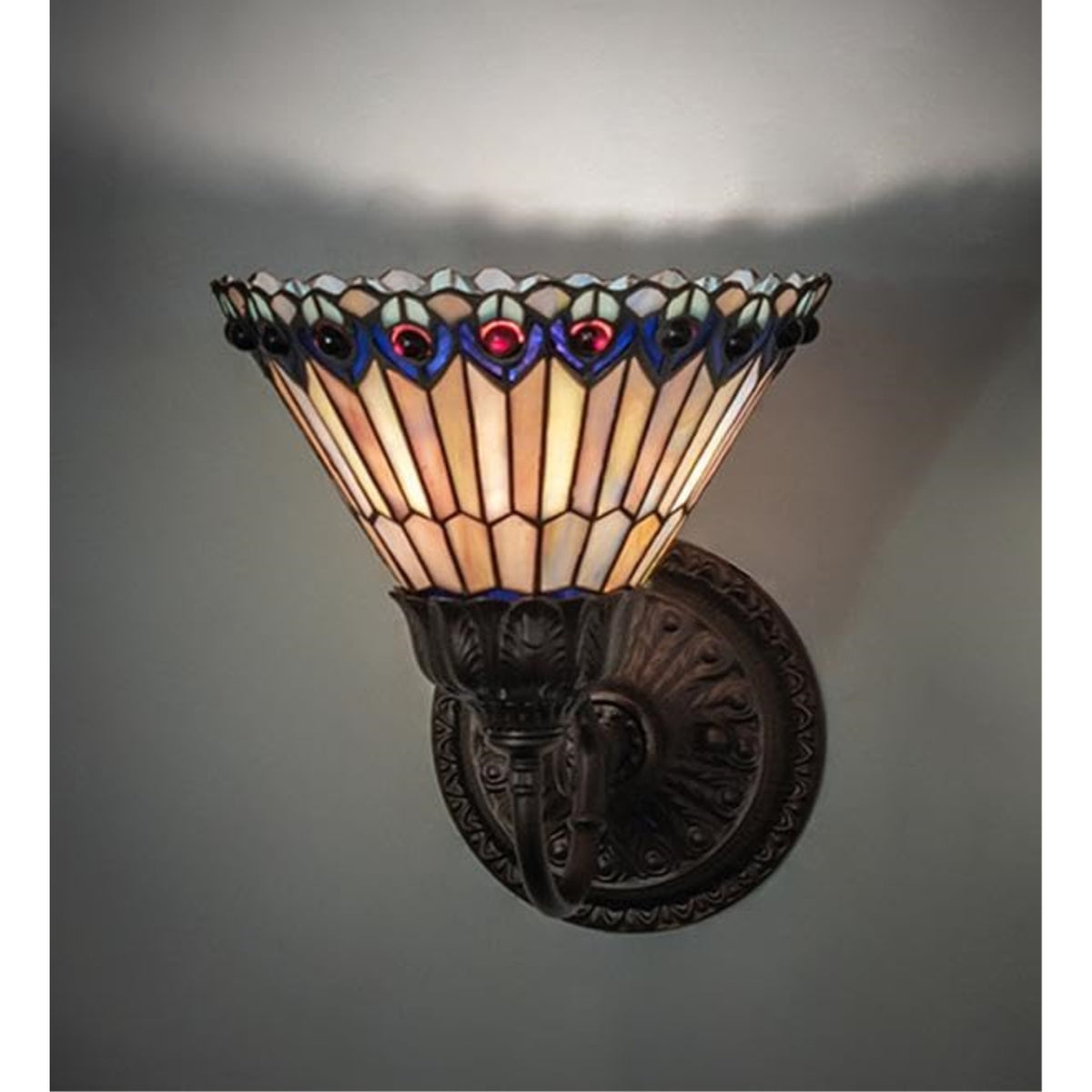 8' Wide Tiffany Jeweled Peacock Wall Sconce