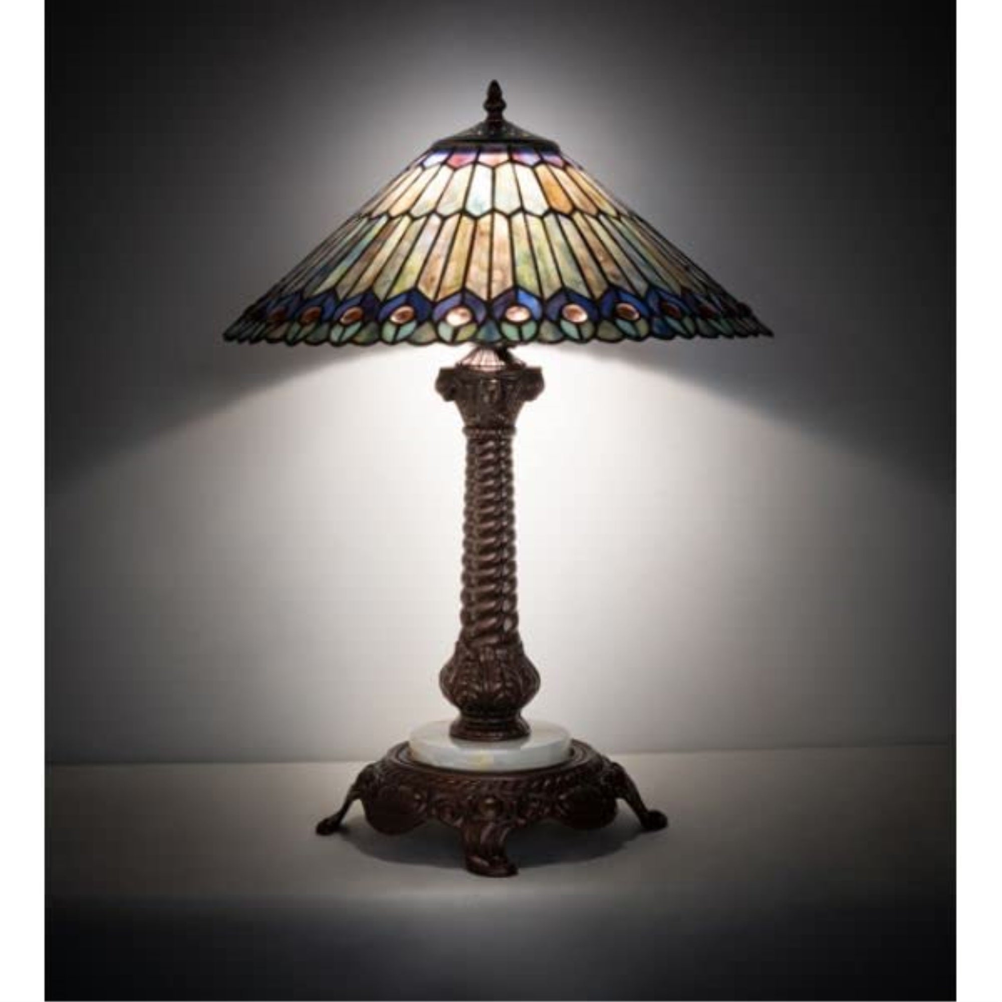 23' High Tiffany Jeweled Peacock Table Lamp