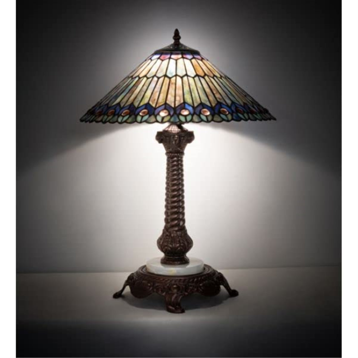 23' High Tiffany Jeweled Peacock Table Lamp