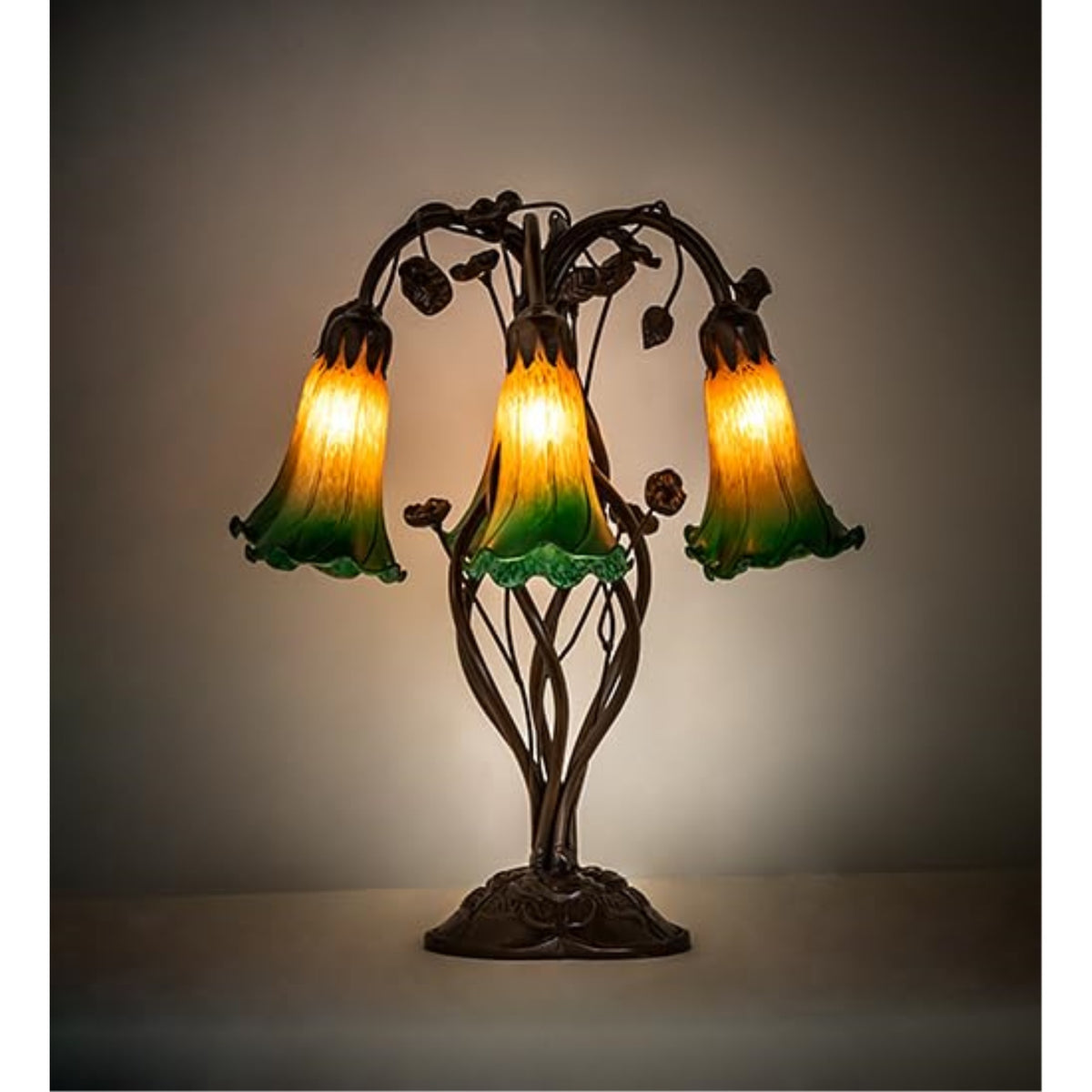 18' High Amber/Green Tiffany Pond Lily 6 Light Table Lamp