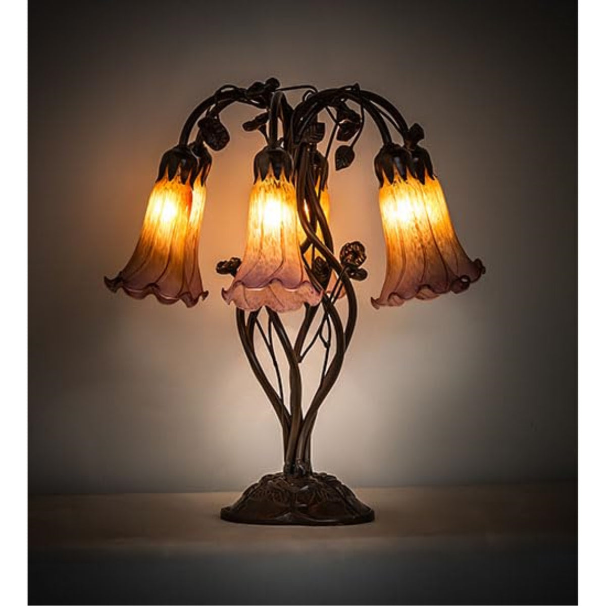 18' High Amber/Purple Tiffany Pond Lily 6 Light Table Lamp