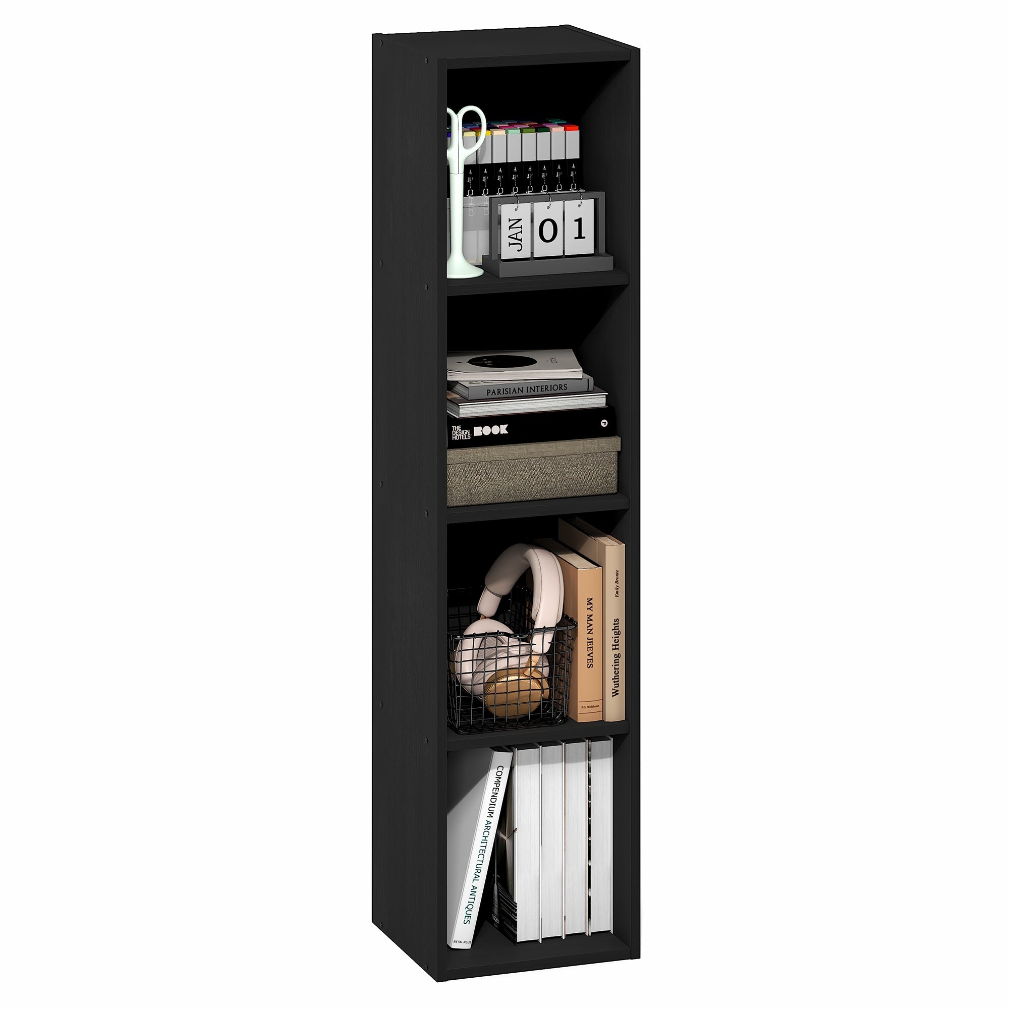 Furinno FULDA Book Shelf, 4-Tier Narrow Bookshelf, Standing Bookcase with 10-In Width Storage Shelf, 9.3 x 9.8 x 41.6, for Organization and Storage, for Living Room, Bedroom, Home Office, Blackwood