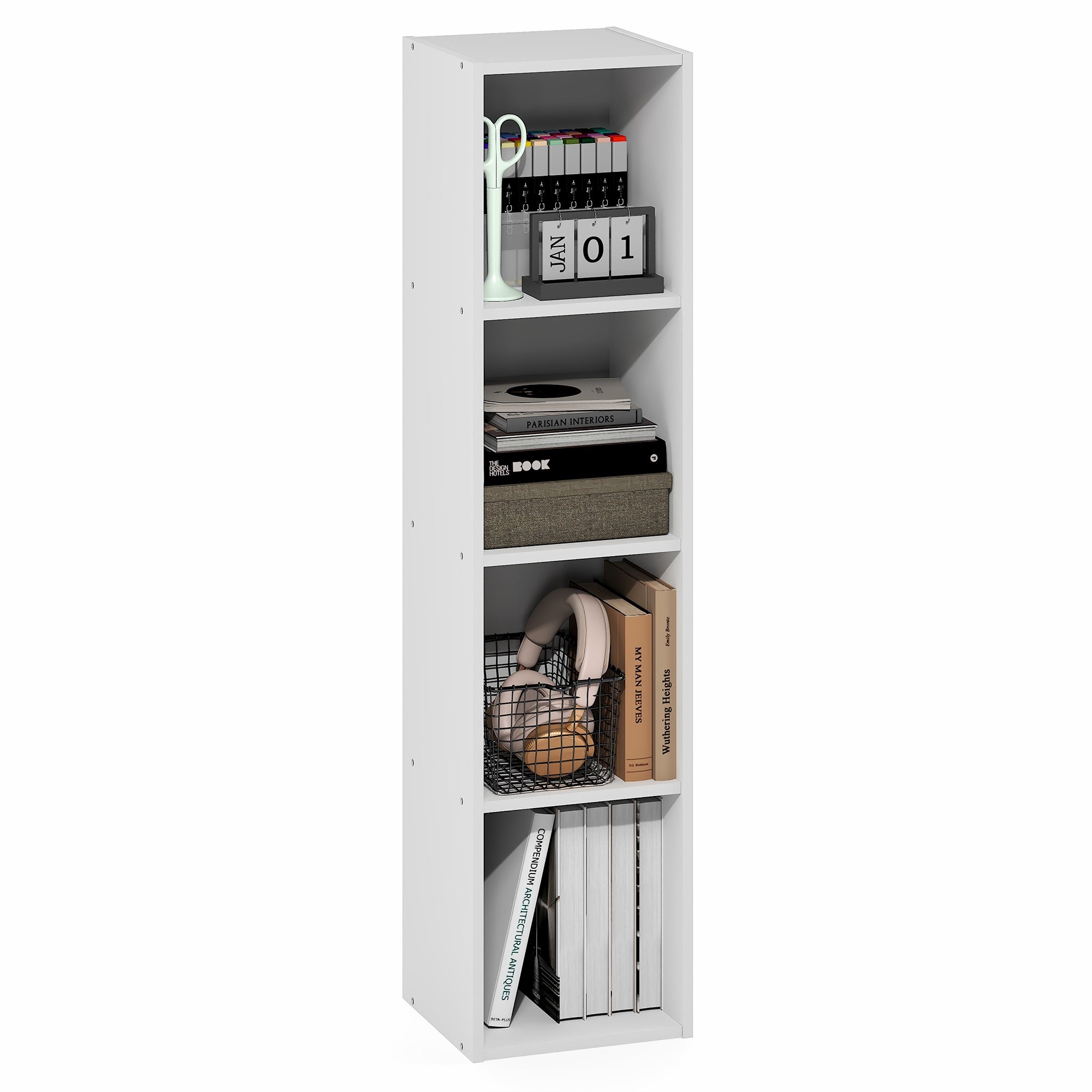 Furinno FULDA Book Shelf, 4-Tier Narrow Bookshelf, Standing Bookcase with 10-In Width Storage Shelf, 9.3 x 9.8 x 41.6, for Organization and Storage, for Living Room, Bedroom, Home Office, White