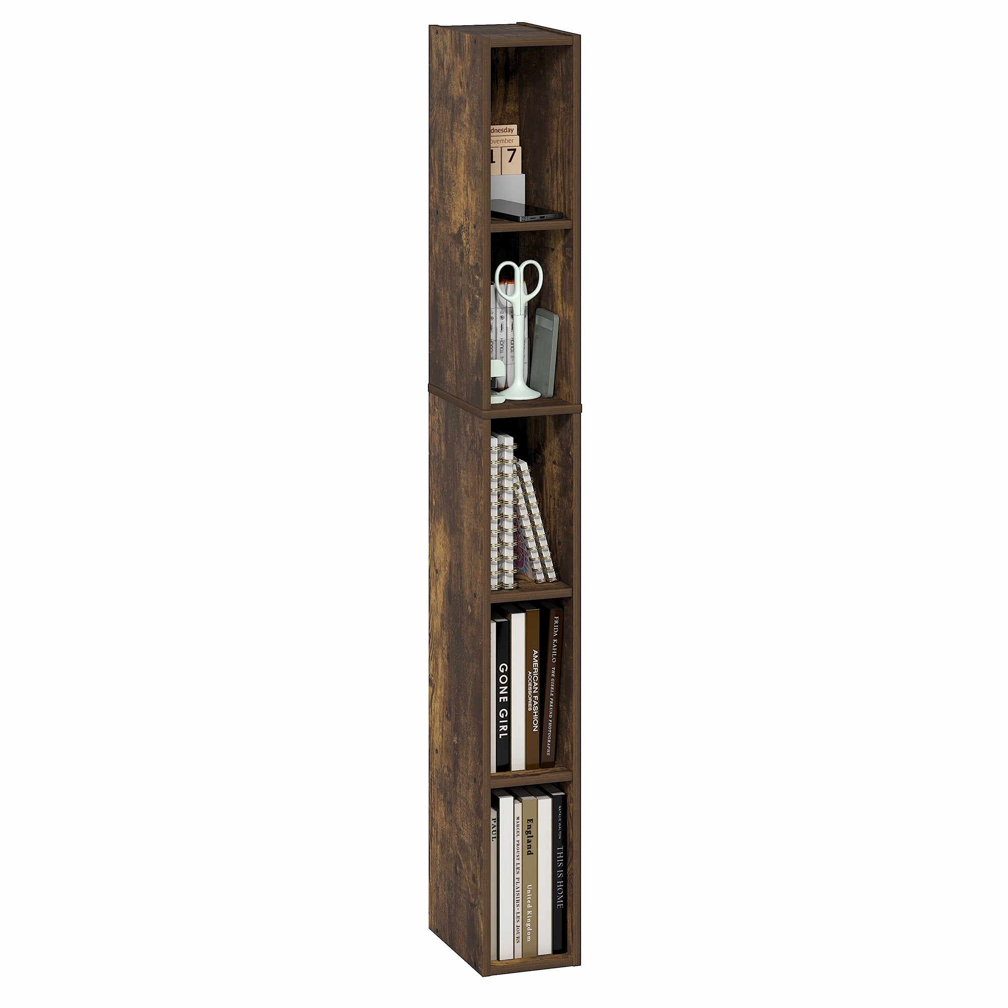 Furinno FULDA Book Shelf, 5-Tier Tall Narrow Bookshelf, Standing Bookcase with 6-In Width Storage Shelf, 9.3 x 5.9 x 51.9, for Organization Storage, for Living Room, Bedroom, Home Office, Amber Pine