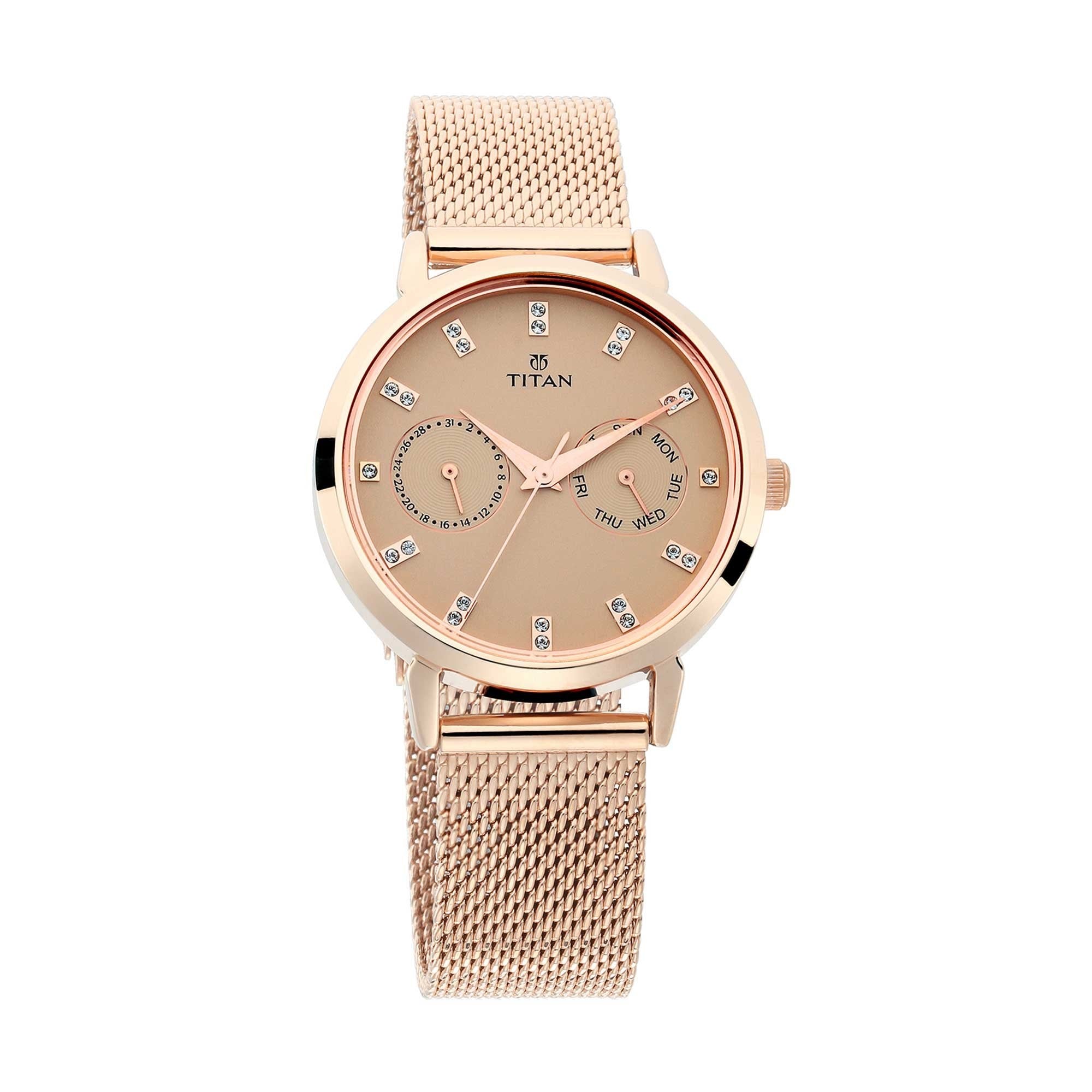 Titan Sparkle Womens Multi-Functional Dress Watch with  Crystals | Quartz, Water Resistant, Mesh Band | Gold Band and Gold Dial