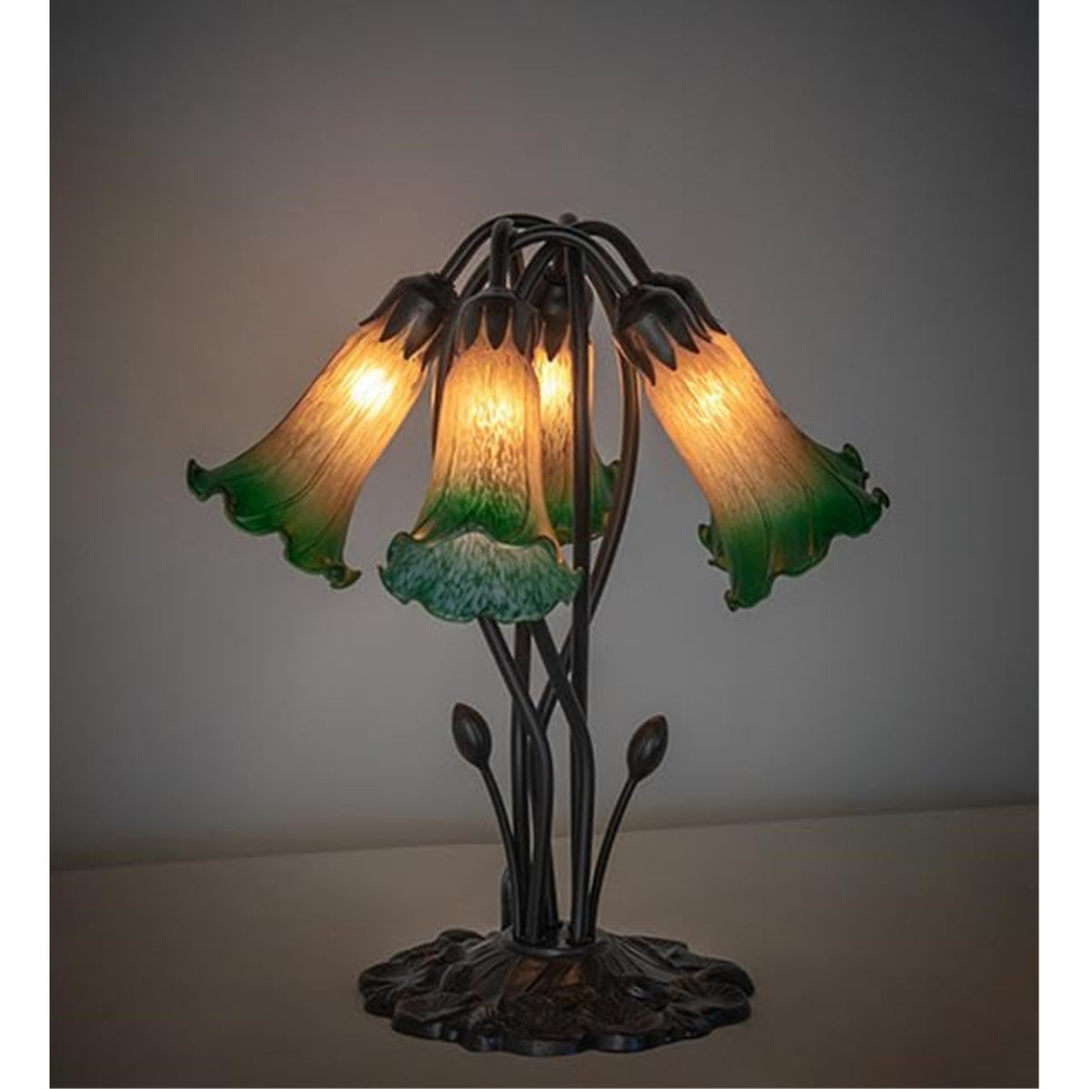 16' High Amber/Green Tiffany Pond Lily 5 Light Table Lamp