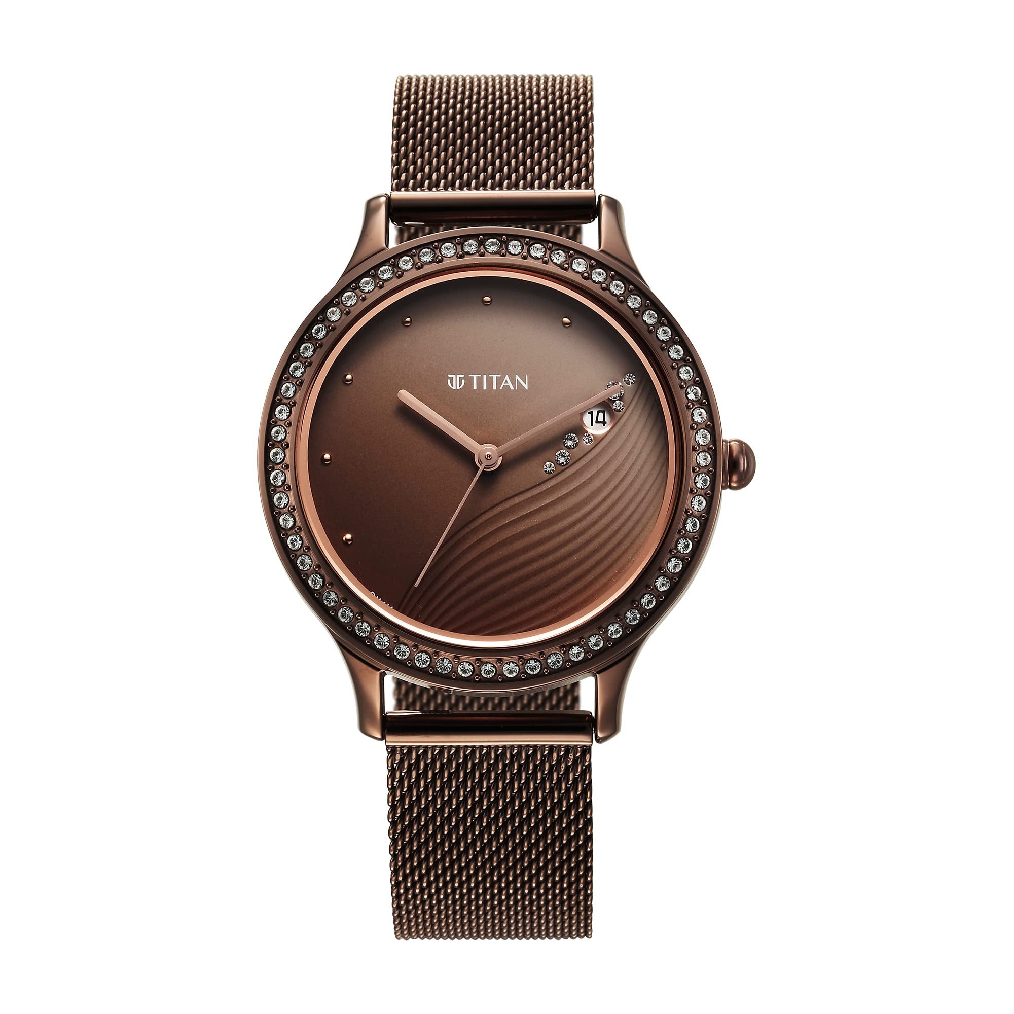 Titan Purple Glam It Up Brown Dial Analog with Date Stainless Steel Strap Watch for Women-NS2634QM01