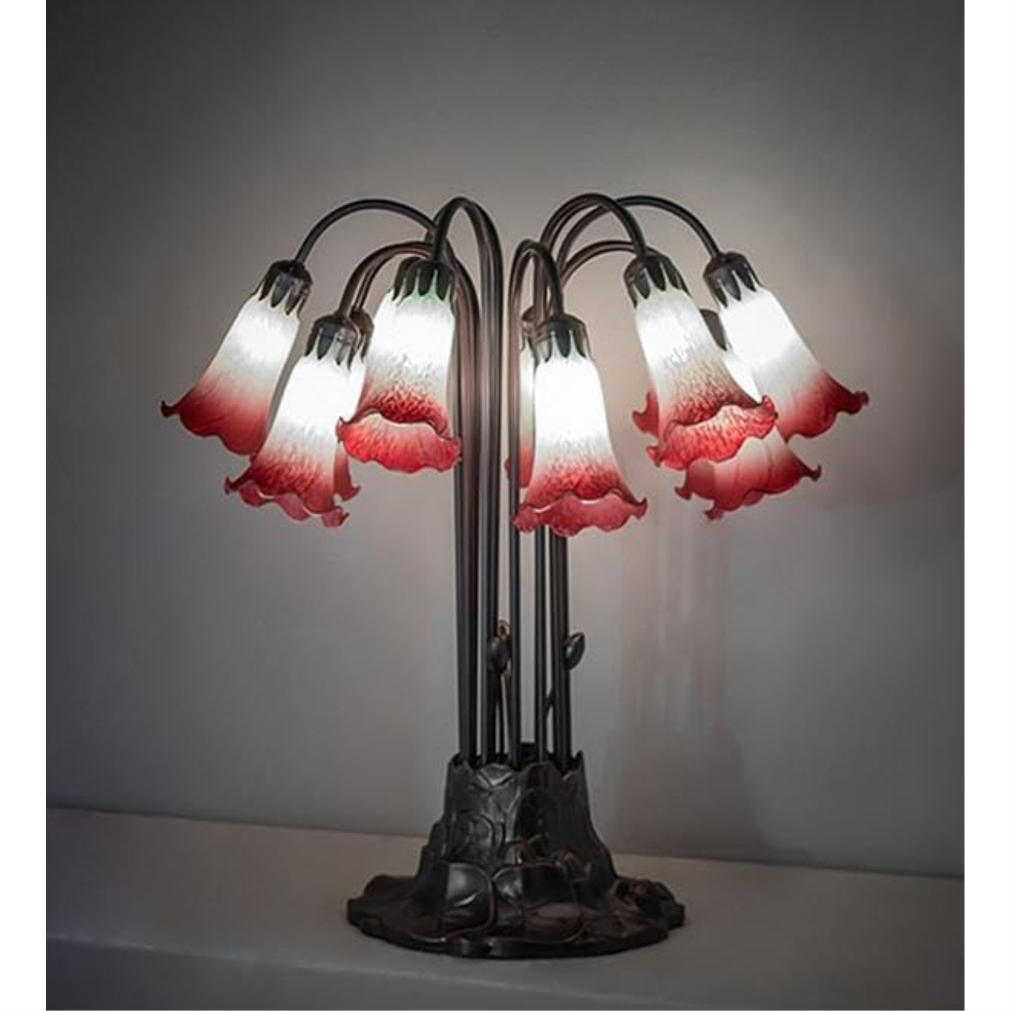 24' High Seafoam/Cranberry Tiffany Pond Lily 12 Light Table Lamp